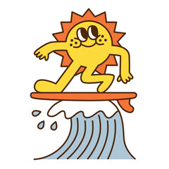 A sun cartoon character walking on a surfboard on a ocean wave