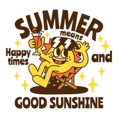 A summer holiday cartoon character with funny quote : "Summer means happy times and good sunshine."