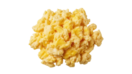 Delicious scrambled eggs isolated PNG on transparent background, fluffy breakfast food for cooking and recipe design