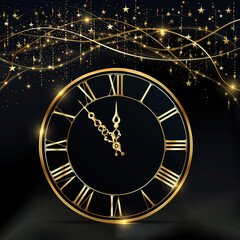 Black New Year's Eve background with a gold clock pointing to midnight, gold stars, gold particles, and fireworks