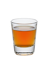 Pristine, crystal-clear, heavy-bottomed shot glass, geometrically tapered, holding vibrant amber whiskey liquid, isolated on high-key white background. Concept for luxury commercial product