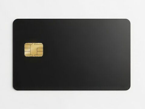 Black blank credit card with gold chip isolated on white background