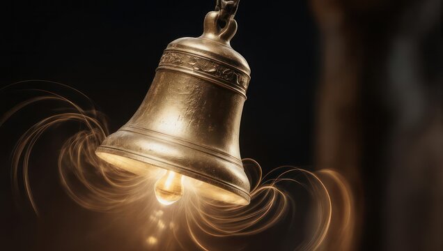 Swinging golden bell captured with long exposure creating light trails.