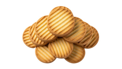 Pile of golden striped cookies isolated PNG, delicious baked biscuits for snack time and dessert, on transparent background