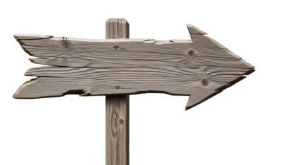 Weathered wooden arrow sign PNG isolated on transparent background, rustic direction pointer for design and navigation