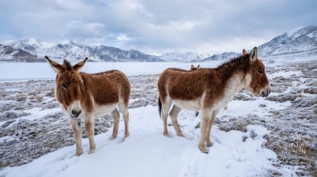 kiang herd in snowy mountains tso-kar lake ladakh india video