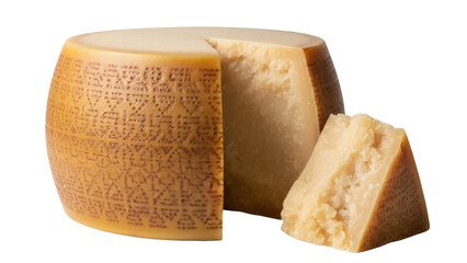 Parmesan cheese wheel with cut piece isolated PNG, hard Italian cheese with granular texture for cooking and gourmet food