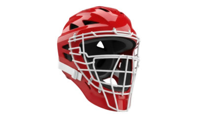 Red catcher s mask PNG isolated on transparent background, protective sports equipment for baseball and softball games