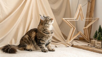 Fluffy tabby cat sitting indoors near decorative wooden star