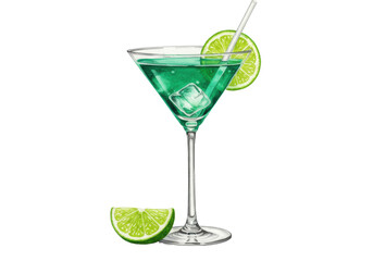 Meticulous watercolor illustration of an elegant emerald-green lime martini cocktail with a geometric ice cube, straw, and garnish on a stark white background. Concept for beverage advertising