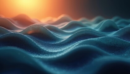 Obraz premium Abstract waves of blue and teal fabric undulate under a warm orange glow. Subtle light refracts through textured surfaces creating a dreamy, serene atmosphere suitable for backgrounds.
