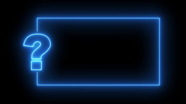 Question mark neon sign light on black background. Quiz trivia game competition. blue neon question mark frame for quizzes and FAQs. Game announcement
