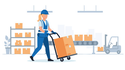 Dedicated warehouse worker efficiently transports stacked cardboard boxes on a hand truck within a bustling industrial facility.