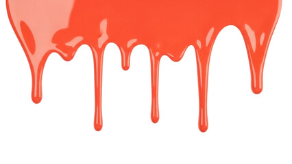 Vibrant orange paint dripping isolated PNG, colorful liquid flowing down for artistic design and creative projects on transparent background