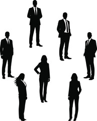 Silhouettes of diverse business professionals and executives standing in a circle, representing a corporate team meeting, teamwork, and unity on a white background.