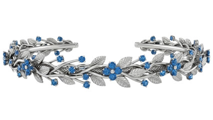 Silver bracelet with blue gemstones isolated PNG, floral jewelry with leaves and flowers on transparent background, elegant fashion accessory