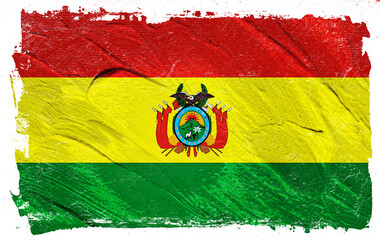 Distressed rendition of the national flag of Bolivia, showcasing a textured, grungy style with vibrant red, yellow, and green hues, symbolizing patriotism.