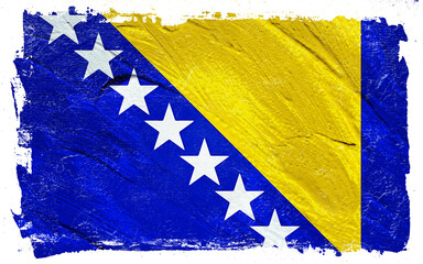 Distressed Bosnia and Herzegovina flag with a textured and grunge effect evokes a sense of history and resilience with its bold colors and star motifs.