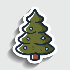 Christmas Tree Sticker. Cartoon Winter Holiday Fir Tree with Blue Ornaments Vector Illustration.