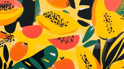 Vibrant tropical fruit pattern illustration with colorful papayas, watermelon slices, and oranges on a bright yellow background, featuring abstract leaves and brush strokes.