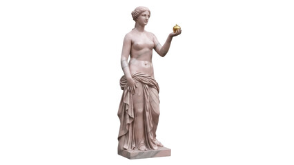 Statue of Venus with golden apple isolated PNG on transparent background, classical sculpture of nude woman holding fruit