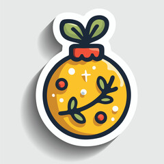 Cute Christmas Bauble Sticker. Cartoon Winter Holiday Tree Ball Character with Floral Ornament Vector Illustration.