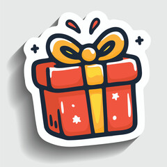 Cute Christmas Gift Sticker. Cartoon Winter Holiday Present Box with Ribbon Vector Illustration.