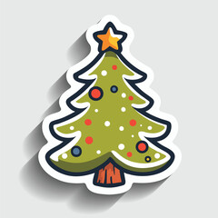 Cute Christmas Tree Sticker. Cartoon Winter Fir with Star Topper and Red Ornaments Vector Illustration.