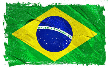 Distressed artistic rendering of the Brazilian flag with green, yellow, and blue, creating a textured and vibrant depiction of national identity and patriotism.