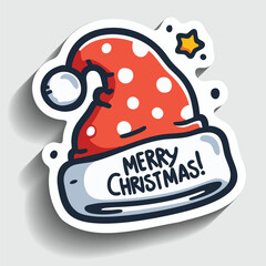 Cute Santa Hat Sticker. Cartoon Winter Holiday Red Cap with Merry Christmas Text Vector Illustration.
