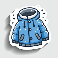 Cute Winter Jacket Sticker. Cartoon Warm Blue Down Coat with Hood Vector Illustration.