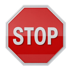 Red Stop Sign with White Border and Lettering isolated on a transparent background octagonal