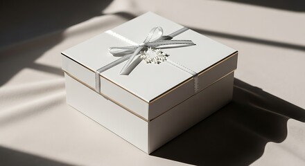 Elegant white gift box with ribbon and snowflake decoration