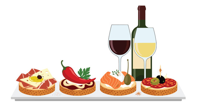 Delicious tapas selection with red and white wine presented on a sleek tray offers a delightful culinary experience. - Powered by Adobe