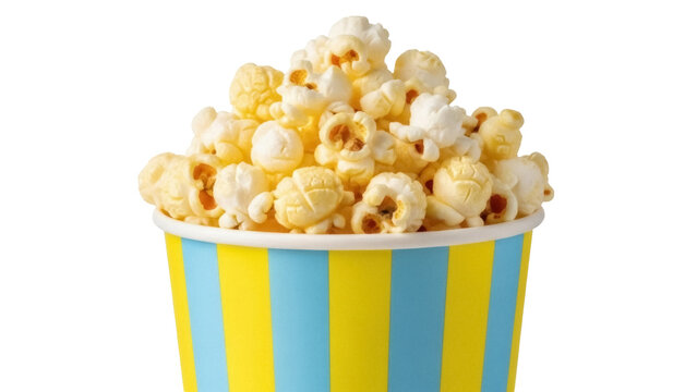 Delicious popcorn in striped bucket isolated PNG, classic movie snack for cinema or home theater on transparent background