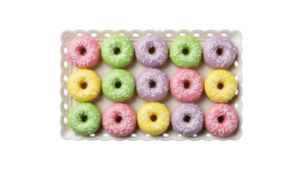 Colorful mini donuts with sprinkles isolated PNG, assortment of pastel frosted doughnuts on a tray for party treats and sweet dessert