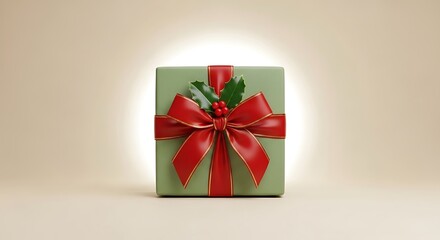 Beautifully wrapped green gift box with red bow and holly for Christmas