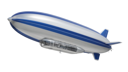 Blue and silver zeppelin PNG isolated on transparent background, airship dirigible for travel and transportation concepts
