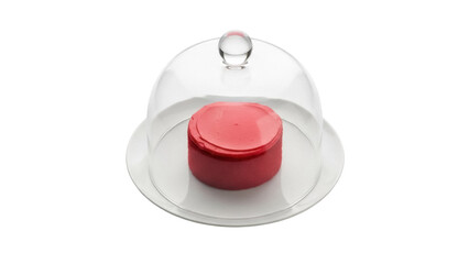 Red velvet cake under glass dome isolated PNG, delicious dessert on transparent background for patisserie and bakery designs