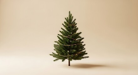 Small Christmas tree with string lights on beige background