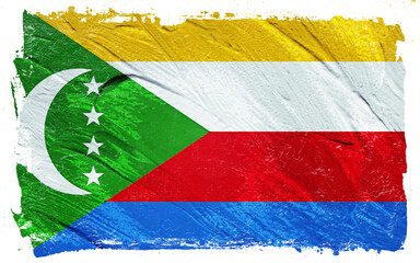 Distressed brushstroke rendering of the Comoros flag, featuring vibrant yellow, white, red, and blue hues with a textured, worn aesthetic, evoking resilience.