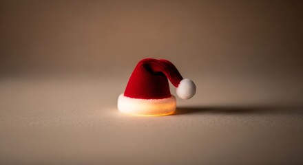Glowing Santa hat on a beige background with warm lighting effects