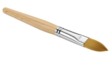 Round paintbrush PNG isolated on transparent background, artist tool with wooden handle and silver ferrule for painting and creative projects