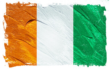 Textured Cote d'Ivoire flag with orange, white, and green stripes painted with thick brushstrokes and a distressed black border giving it an artistic feel.