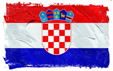 Distressed Croatian flag with vibrant red, white, and blue, showcasing a textured, painted effect and national emblem as a symbol of heritage and patriotism.