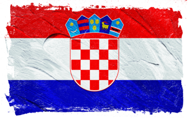 Distressed Croatian flag with vibrant red, white, and blue, showcasing a textured, painted effect and national emblem as a symbol of heritage and patriotism.