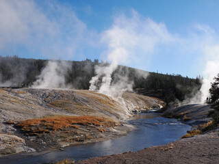 Scenic View of Steaming Riverbank in Yellowstone Park