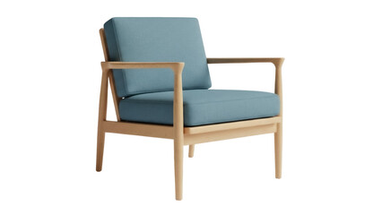 Fototapeta premium Light blue armchair isolated PNG, modern lounge chair with wooden frame for living room furniture and interior design projects