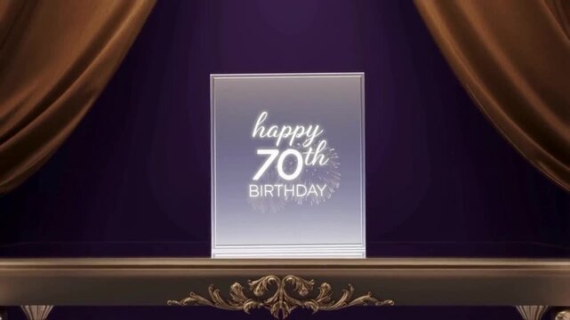 happy 70th birthday greeting card with elegant silver shining text on a postcard standing on a golden & violet stage