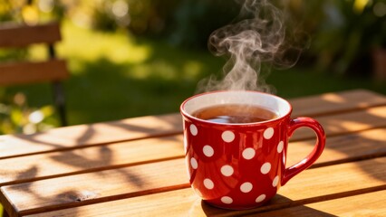 red mug with white dots cup of warm tea